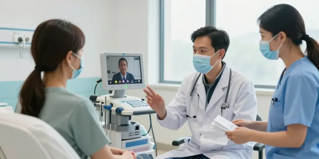 Telemedicine for stroke consultation with a neurologist using video call technology in a modern hospital.