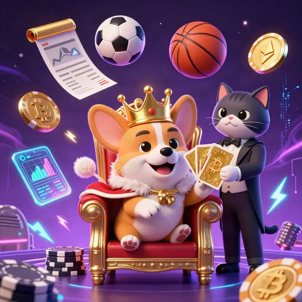 Crowned corgi and cat butler amid neon coins, floating balls, and energy bolts.