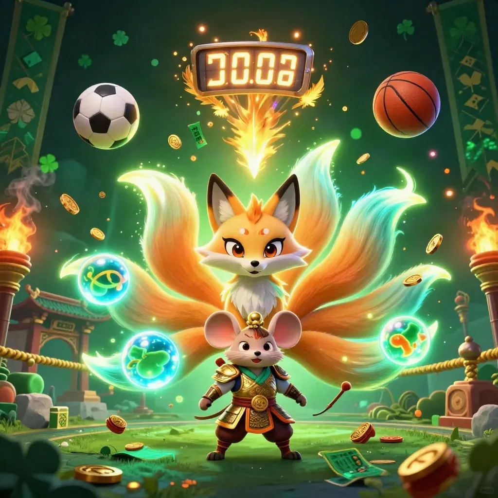 Neon fox spirit, golden mouse knight, flying balls, coins, and glowing casino-sport effects.