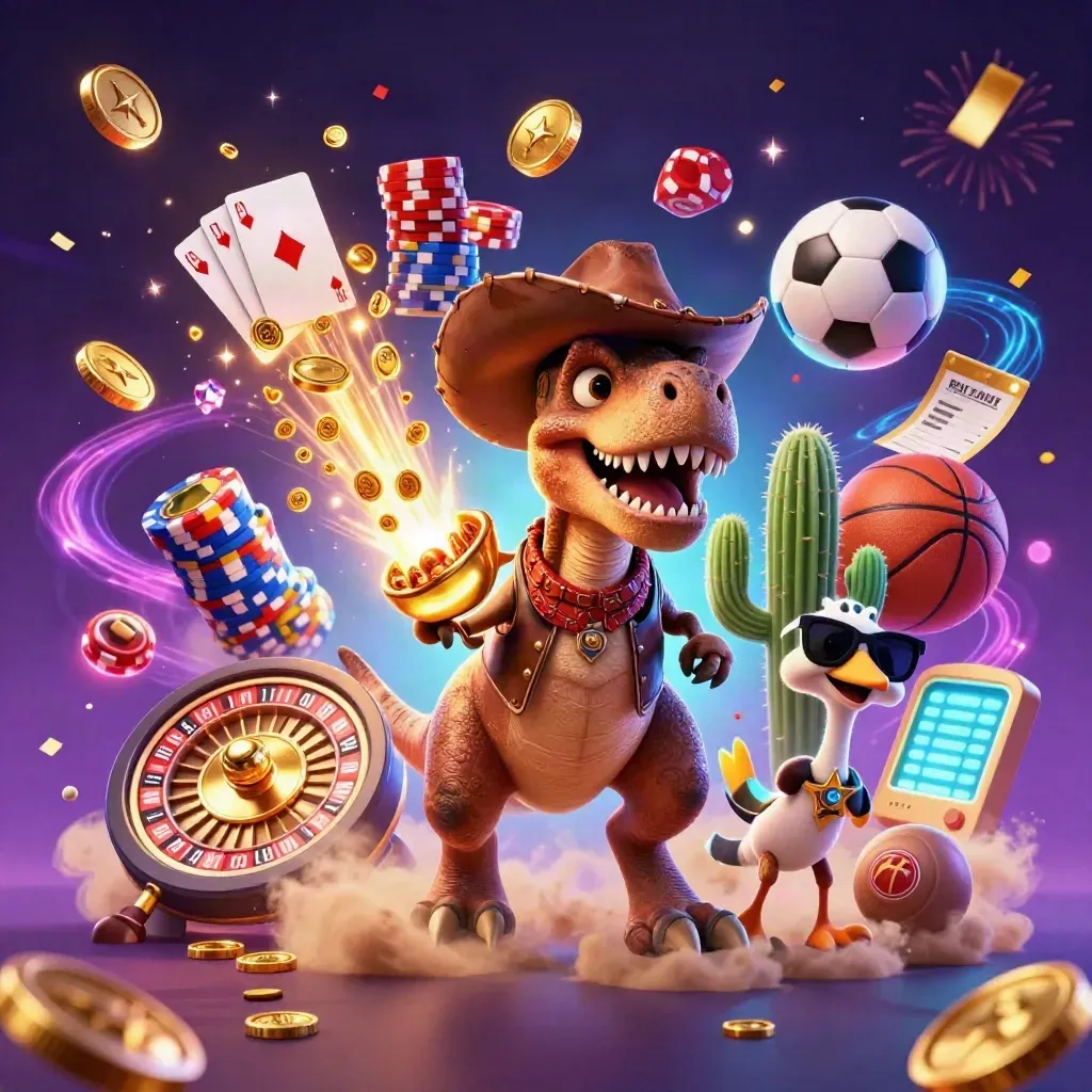 Cowboy T-Rex, cactus sidekick and roadrunner amid casino loot, coins and neon effects