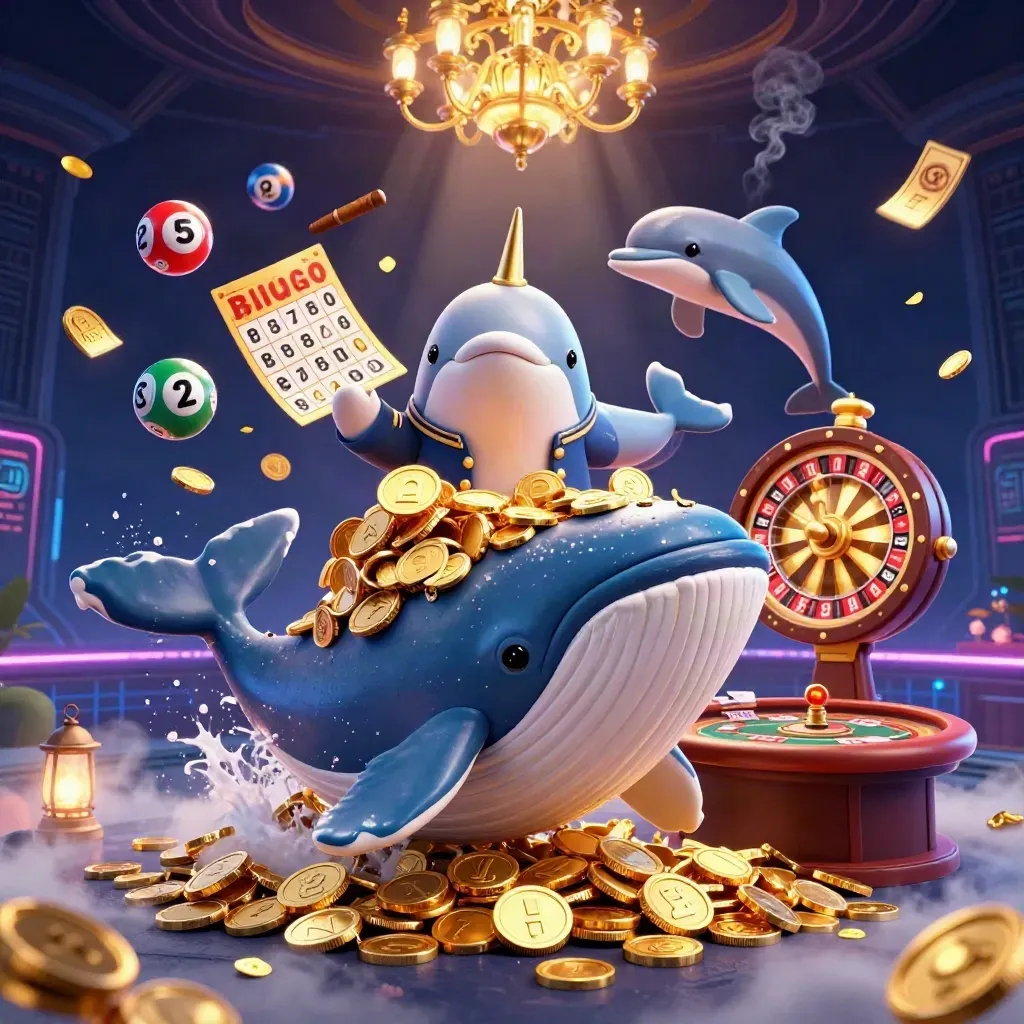 Cartoon whale, narwhal, and dolphins in a neon casino sea of coins and glowing game props.