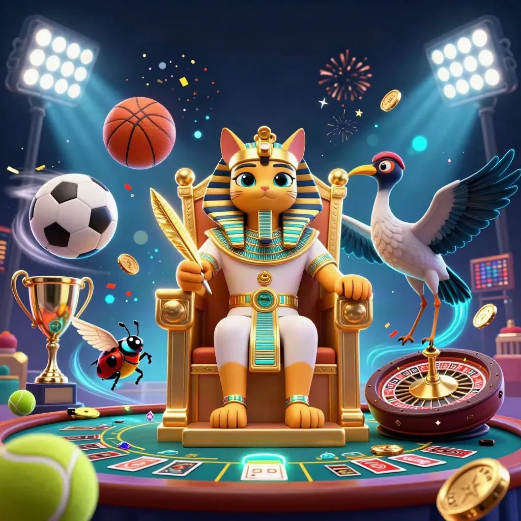 Pharaoh cat, ibis scribe, and gem-winged scarabs amid neon casino sports loot and fireworks.
