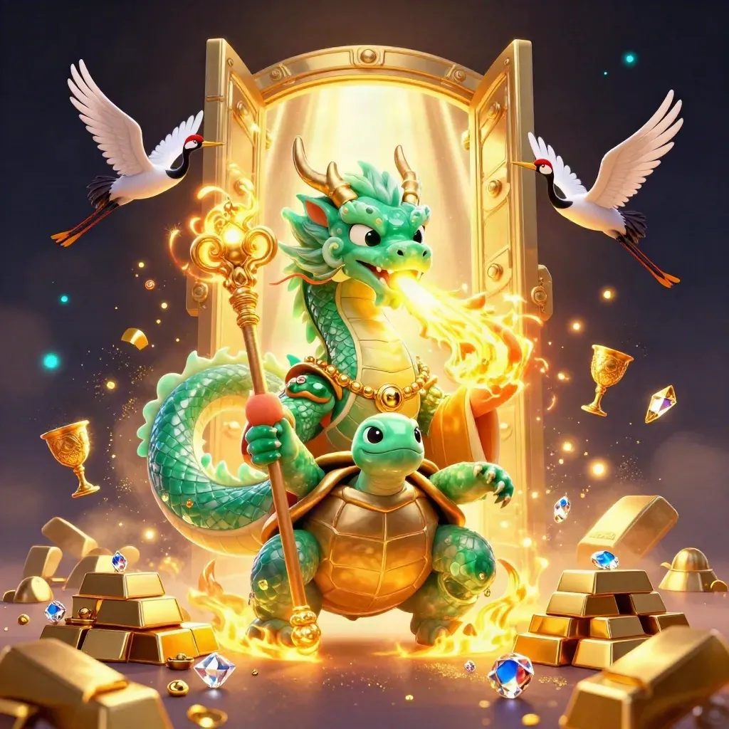 Jade dragon, turtle sage, and cranes burst from a golden vault in neon casino fantasy.