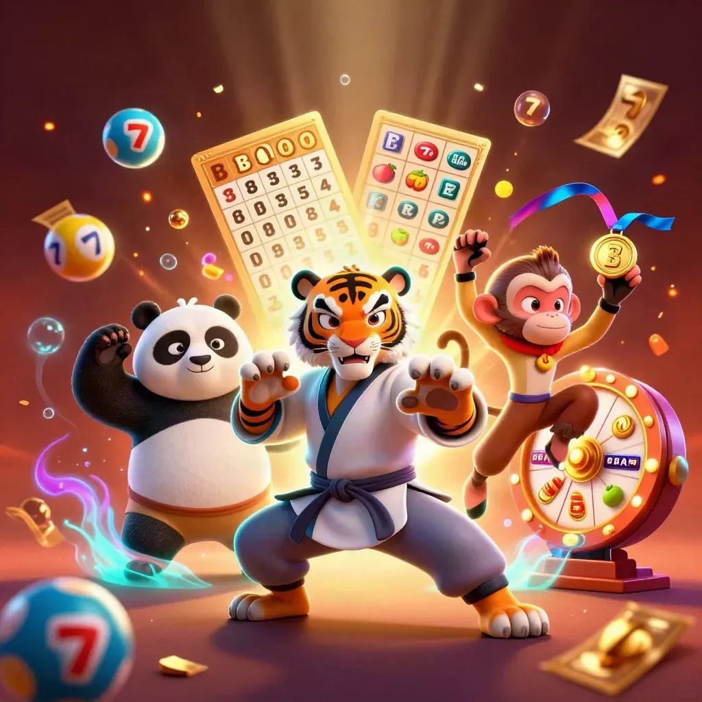 Kung-fu tiger, panda, and monkey amid casino loot effects in cyan-lit action