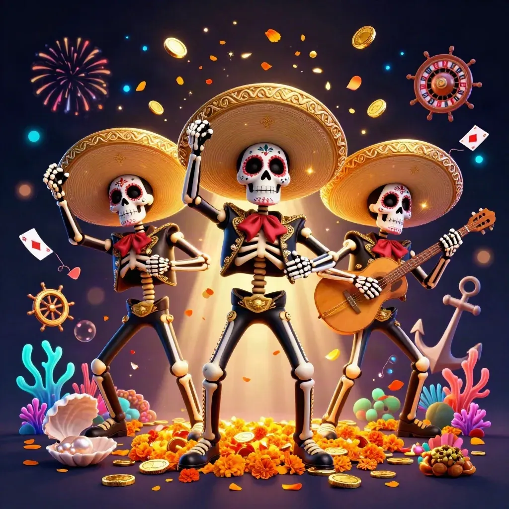 Skeleton mariachi trio amid treasure coins, coral, cards, and cyan glow in a dark casino splash scene