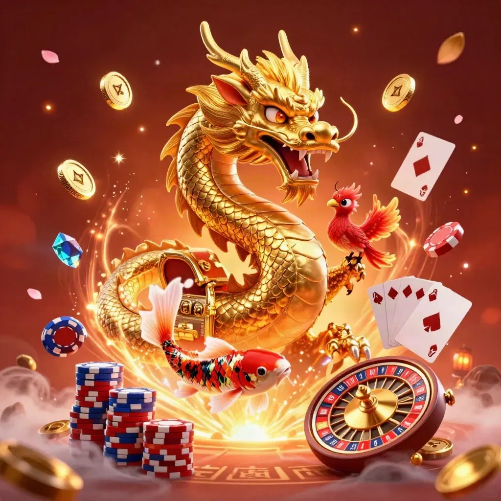 Golden dragon, phoenix, and koi erupting with coins, gems, cards, roulette, and fire-lit casino energy.
