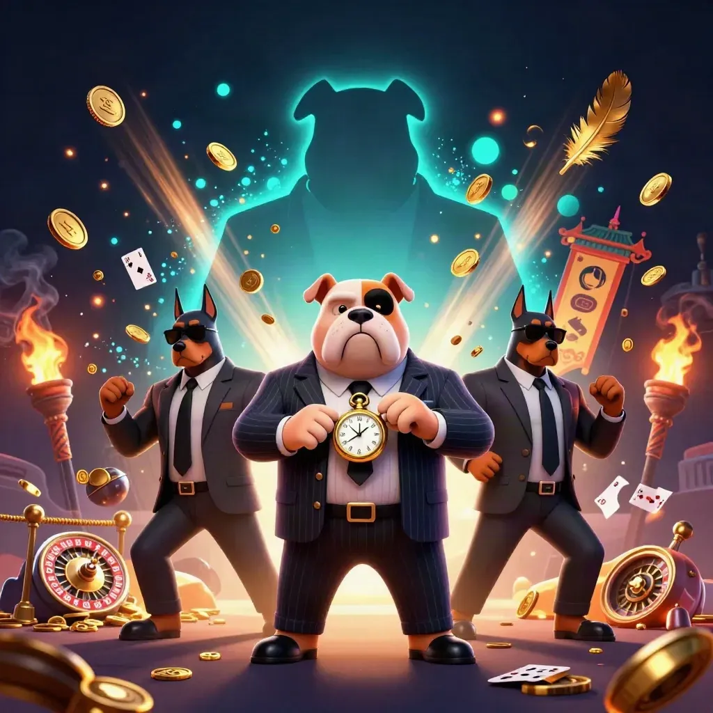 Bulldog boss and Doberman guards amid exploding coins, temple gate, torch ring, neon casino effects
