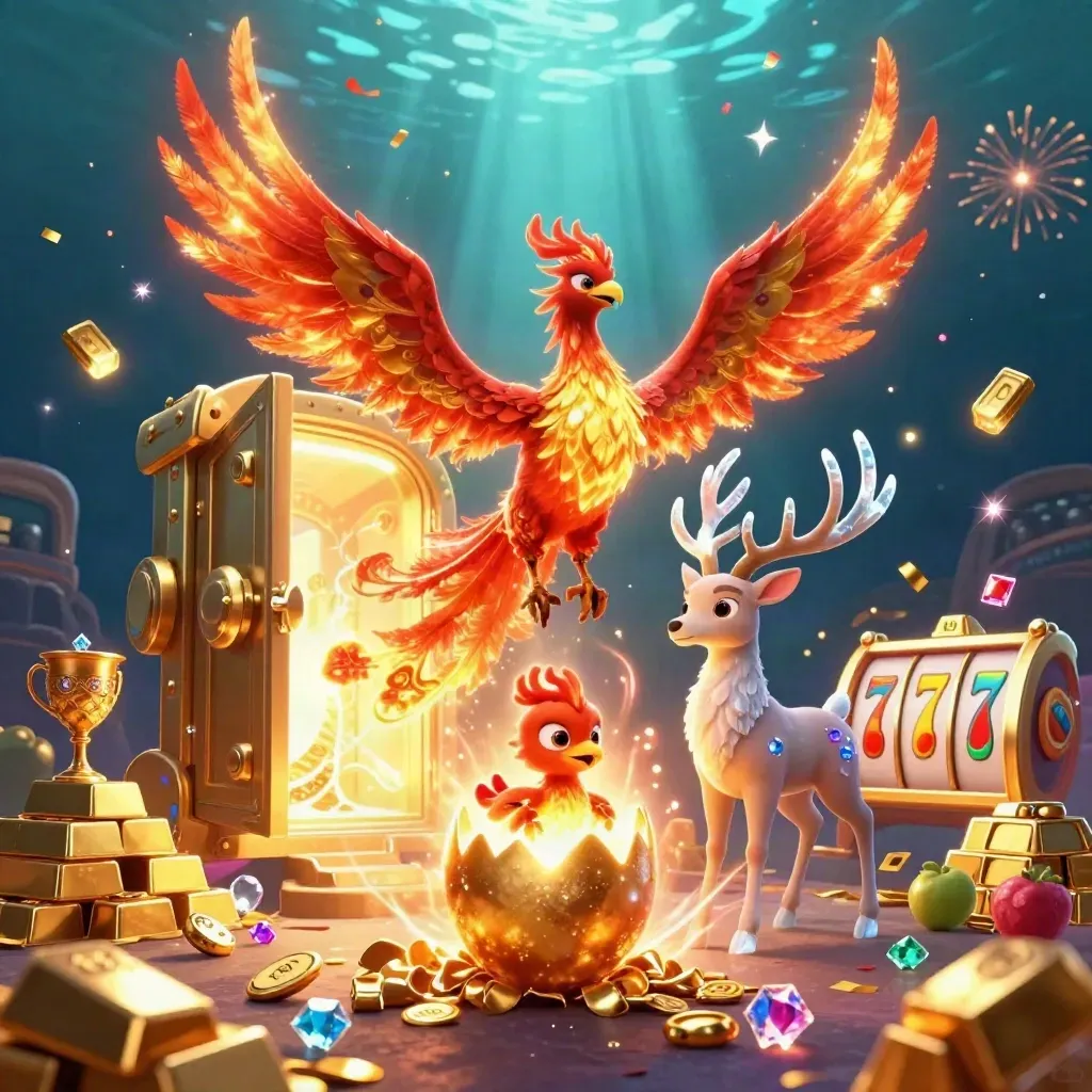 Phoenix, hatching chick, and crystalline stag amid a gold vault, gems, and neon casino effects.
