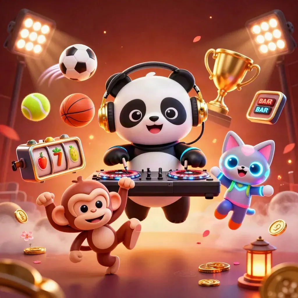 Neon DJ panda, breakdancing monkey and rave kitten amid casino loot effects.