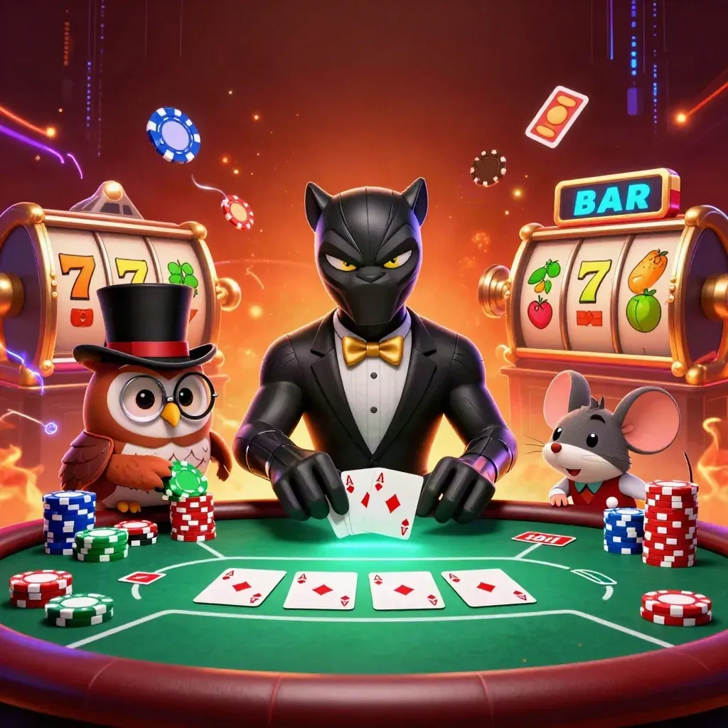 Panther, owl, and mouse at a glowing casino table amid chips, cards, reels, and neon energy.